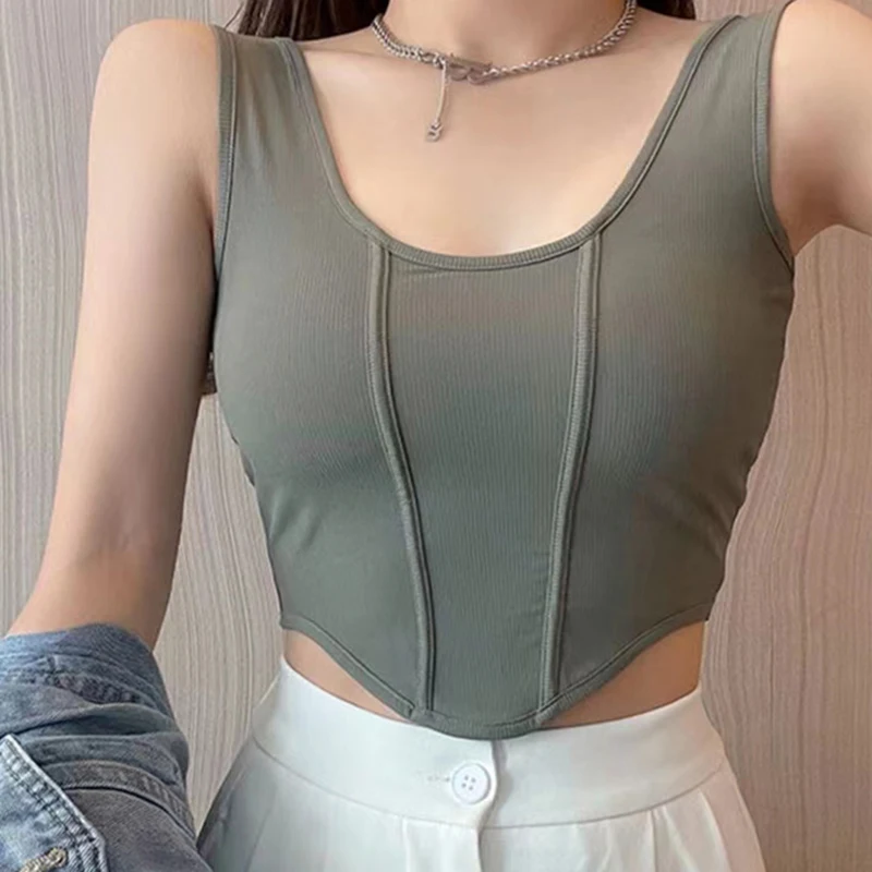 HELIAR Women Cotton Solid Tank Tops With Bra Pad Y2K Sports Crop Tops Knit Irregular Hem Camis Tops For Women 2024 Summer 1