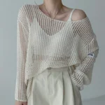 HELIAR Women O-Neck Loose Casual Shirt Hollow Out Beach Top Knit Long Sleeve Tees See-through Crop Top Spring Summer 1