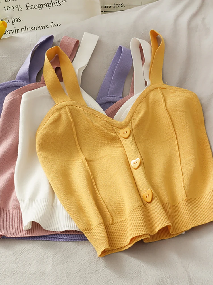 Y2K knitted crop top for women with button-up front, V-neck, sleeveless straps, ribbed texture; trendy summer streetwear for teens and young women