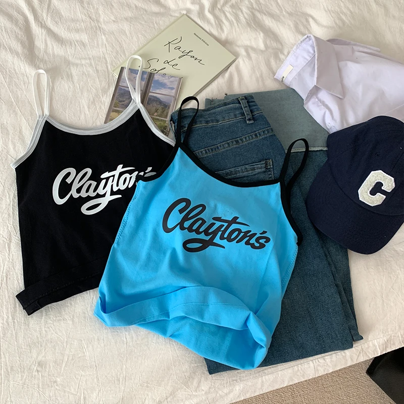 Y2K letter print crop top for women featuring slim fit, sleeveless design, patchwork detail, soft fabric; ideal for summer streetwear and casual wear