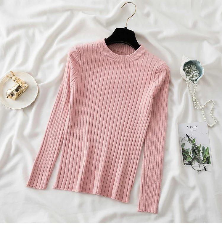 Women’s slim-fit knit sweater in solid color with long sleeves and O-neck, featuring Korean-style design—ideal for autumn and winter casual wear