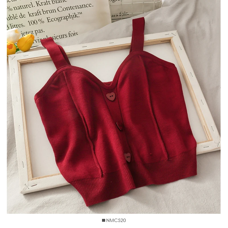 Y2K knitted crop top for women with button-up front, V-neck, sleeveless straps, ribbed texture; trendy summer streetwear for teens and young women