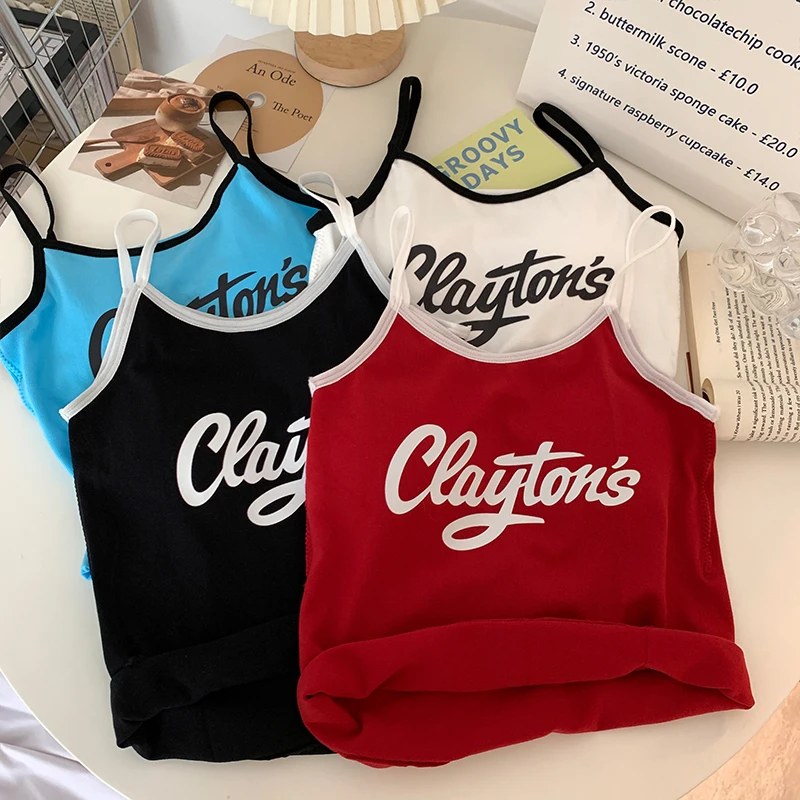 Y2K letter print crop top for women featuring slim fit, sleeveless design, patchwork detail, soft fabric; ideal for summer streetwear and casual wear