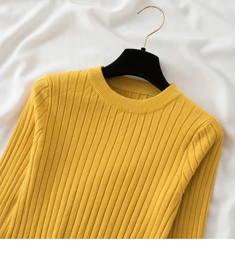 Women’s slim-fit knit sweater in solid color with long sleeves and O-neck, featuring Korean-style design—ideal for autumn and winter casual wear