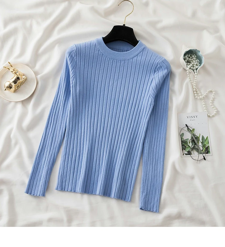 Women’s slim-fit knit sweater in solid color with long sleeves and O-neck, featuring Korean-style design—ideal for autumn and winter casual wear