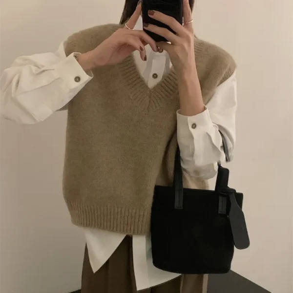 HELIAR Women V-Neck Knit Office Sweater Vest Loose Casual Pullovers Vest Bottoming Solid Sweater Vest For Women 2024 Fall Winter 7