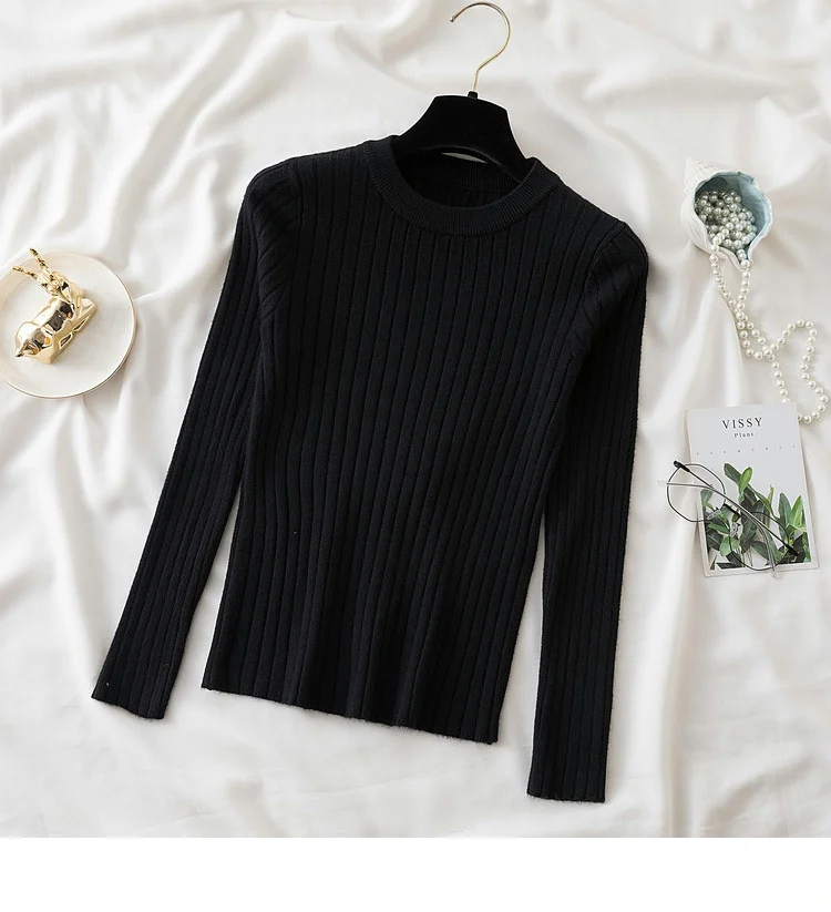 Women’s slim-fit knit sweater in solid color with long sleeves and O-neck, featuring Korean-style design—ideal for autumn and winter casual wear