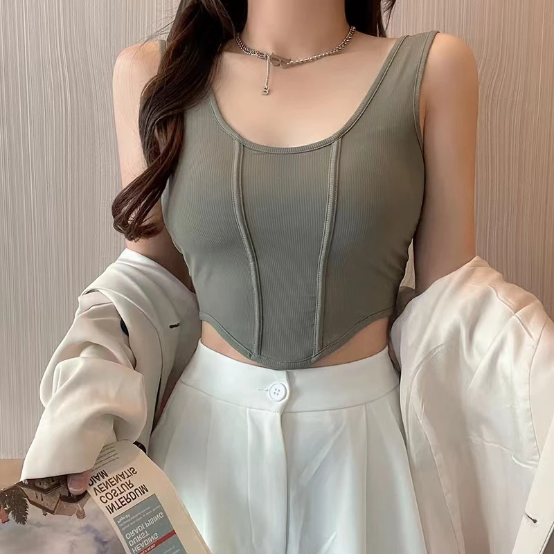 Y2K sports crop top for women with built-in bra pad, cotton knit fabric, sleeveless camis style, irregular hem; ideal for summer workouts and streetwear