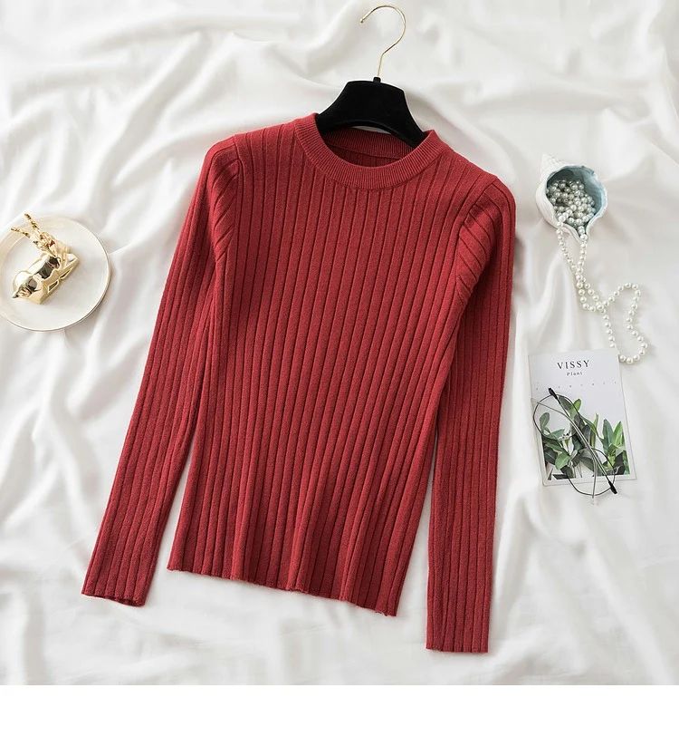 Women’s slim-fit knit sweater in solid color with long sleeves and O-neck, featuring Korean-style design—ideal for autumn and winter casual wear