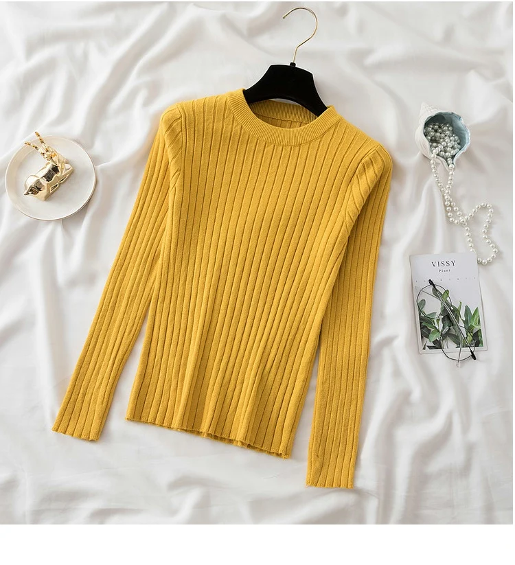 Women’s slim-fit knit sweater in solid color with long sleeves and O-neck, featuring Korean-style design—ideal for autumn and winter casual wear