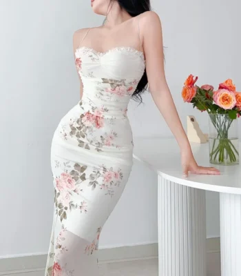 Elegant Flower Print Suspender Dress Women Fashion Off Shoulder Backless Midi Dresses Chic Female Party Club Vestidos YJ23300SK 1