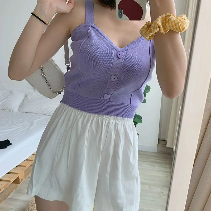 Y2K knitted crop top for women with button-up front, V-neck, sleeveless straps, ribbed texture; trendy summer streetwear for teens and young women