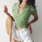 Heliar Women V-neck T-Shirts Y2K Tops Knitted Casual Polo Shirt Female Solid Cute Crop Tops Plain T-Shirt For Women 2024 Summer 1