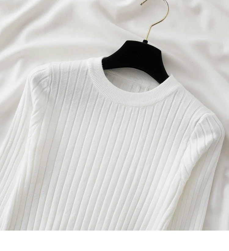 Women’s slim-fit knit sweater in solid color with long sleeves and O-neck, featuring Korean-style design—ideal for autumn and winter casual wear
