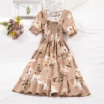 Spring Summer Chiffon Dresses Fashion Female Elastic Waist Short Sleeve Pleated Casual Dress Women A-line Dresses Vestidos 1