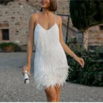 2023 New Sexy Tassel Sequins Feather Mini Dress Women Spaghetti Strap Stitching Dresses Female Elegant Evening Party Club Dress 1
