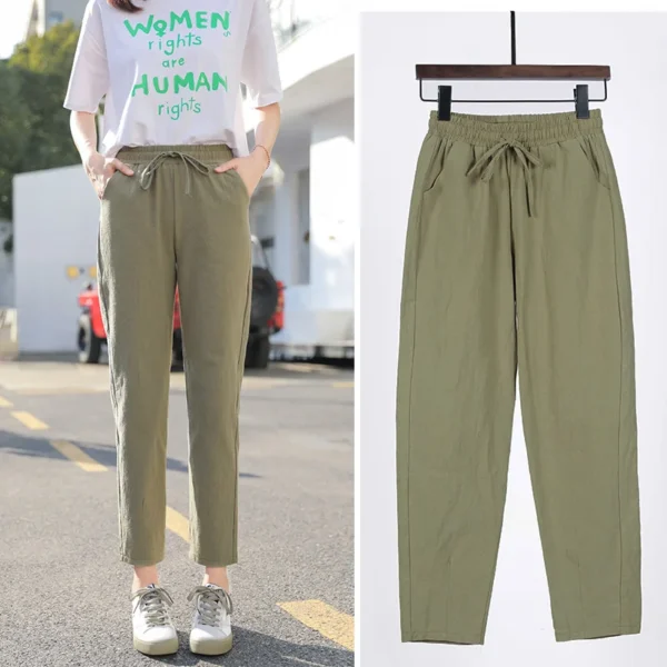 Womens Spring Summer Pants Cotton Linen Solid Elastic waist Candy Colors Harem Trousers Casual Female Pants 11