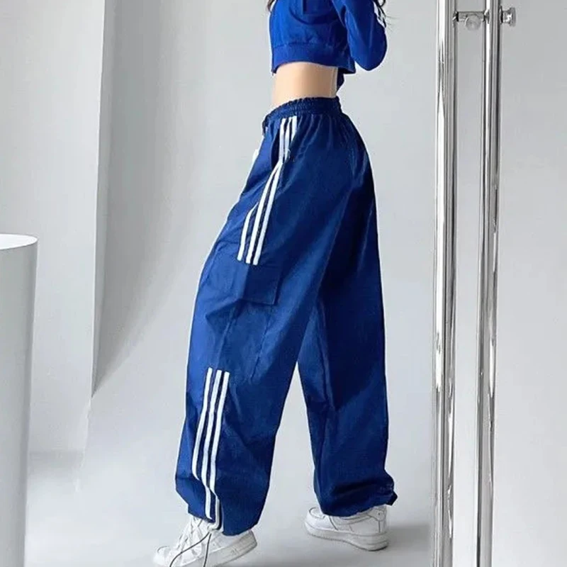 MEXZT Striped Sweatpants Women Hip Hop Streetwear Baggy Wide Leg Cargo Pants Bf Y2K High Waist Drawstring Joggers Trousers 1