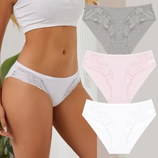 FINETOO 3Pcs/set Women Cotton Panties Sexy Low Waist Underpants Female Fashion Patchwork Lace Briefs Floral Soild Lingerie S-XL 12