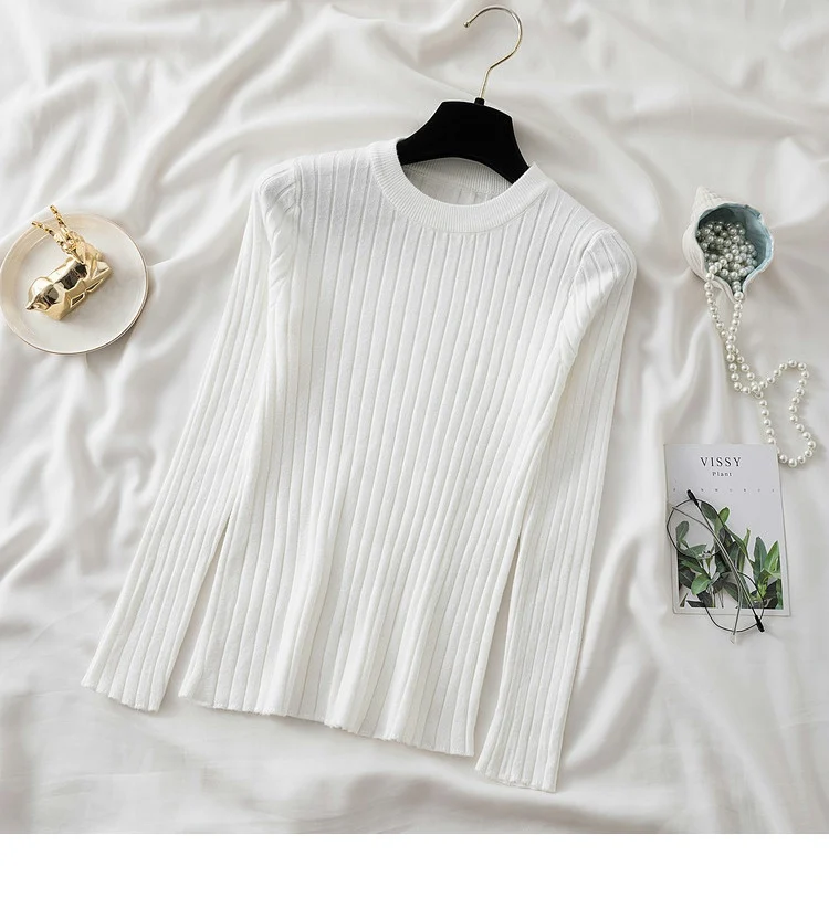 Women’s slim-fit knit sweater in solid color with long sleeves and O-neck, featuring Korean-style design—ideal for autumn and winter casual wear