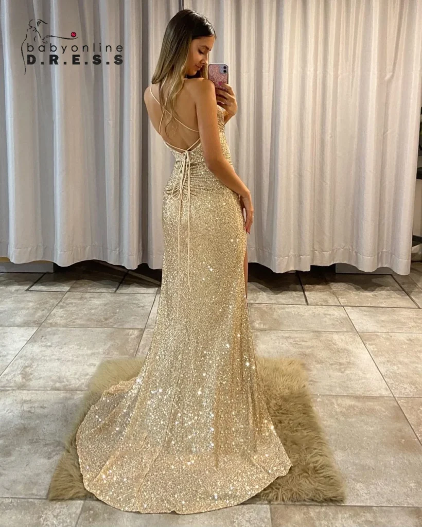 BABYONLINE Glitter Gold Sequins Prom Gown Thigh-high Split Strappy Lace-up on Open Back Floor Sweeping Train Evening Party Dress 1