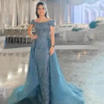 Blue Sequin Luxury Long Evening Dresses  For Arabic Prom Wedding Gowns With Detachable Train Off the Shoulder 1