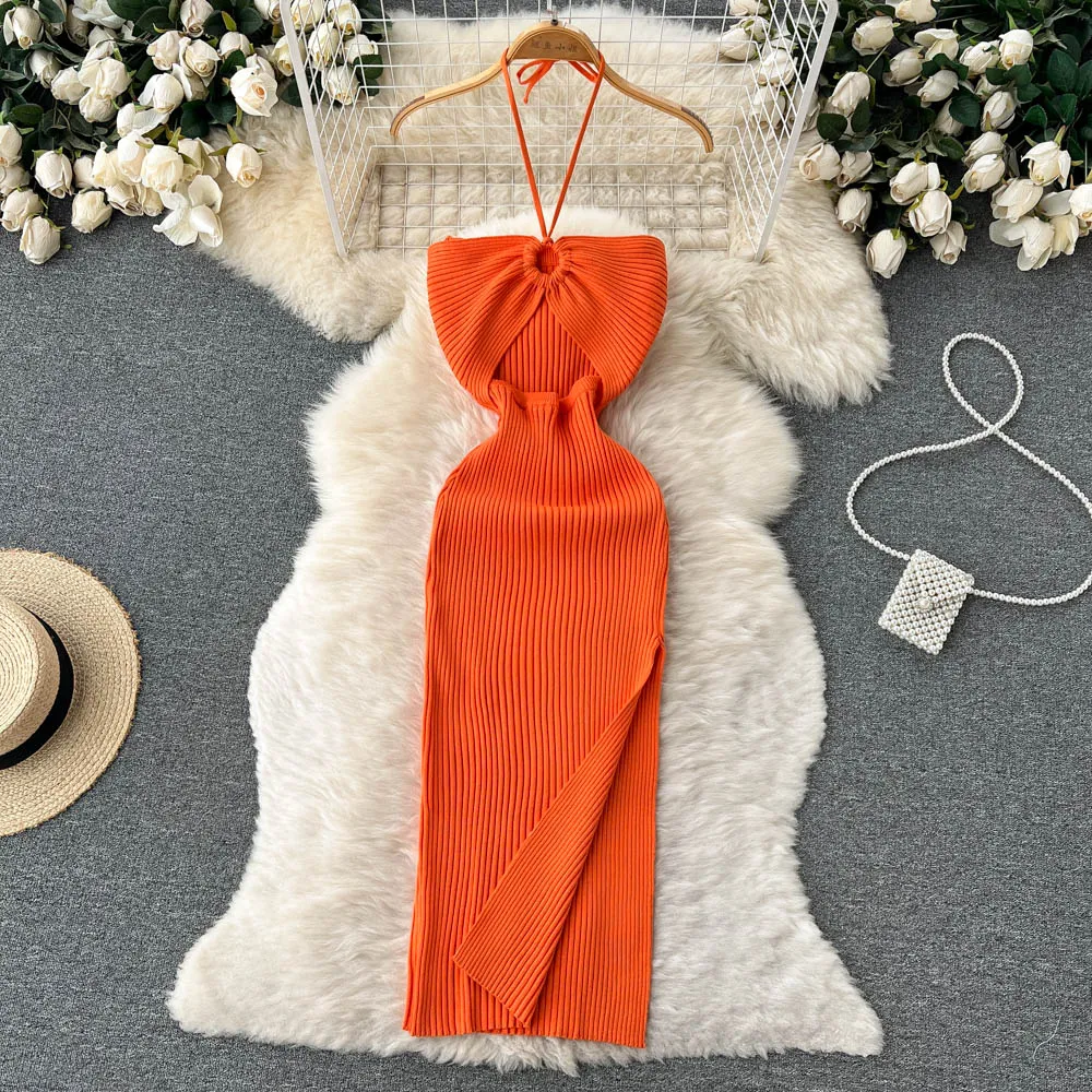 YuooMuoo Chic Fashion Sexy Package Hips Split Knitted Summer Dress Women Slim Elastic Bodycon Party Dress Streetwear Outfits 1