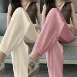 Ice Silk Casual Wide Leg Harem Pants Trousers Solid Elastic Waist Women Clothing Sweet Streetweat Summer Ankle-Length Pants New 1