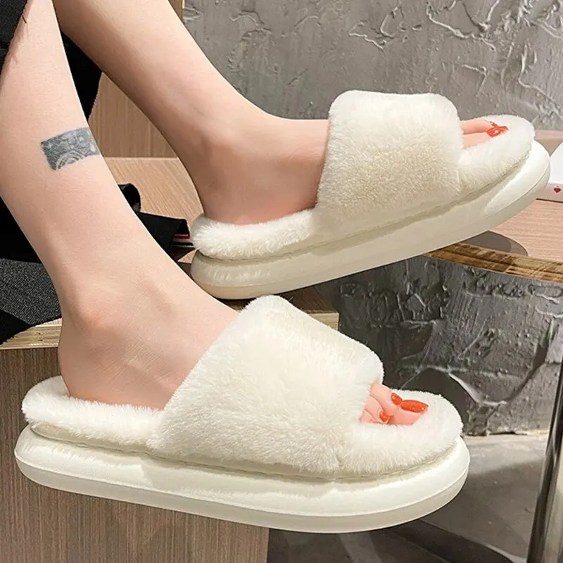 Thick Fluffy Fur Slippers For Women Winter House Warm Furry Slippers Women Flip Flops Home Slides Flat Indoor Floor Shoes 1