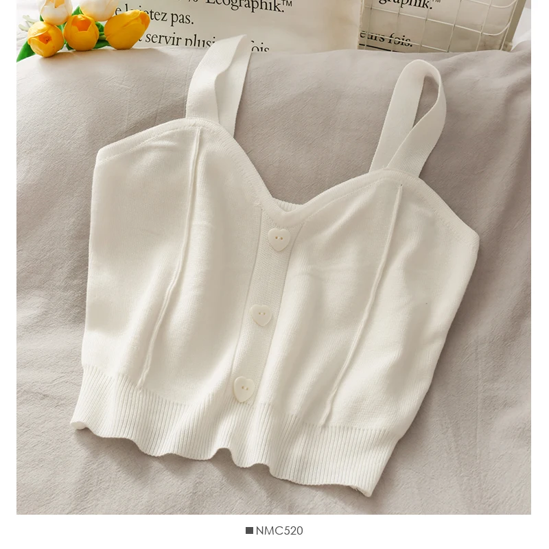 Y2K knitted crop top for women with button-up front, V-neck, sleeveless straps, ribbed texture; trendy summer streetwear for teens and young women