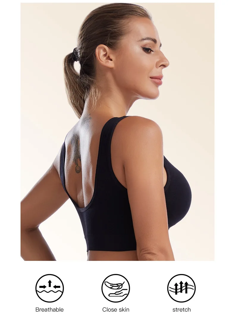 Plus size wireless sports bra with wide straps, full coverage, and breathable fabric, designed for high-impact support in workouts and everyday wear.