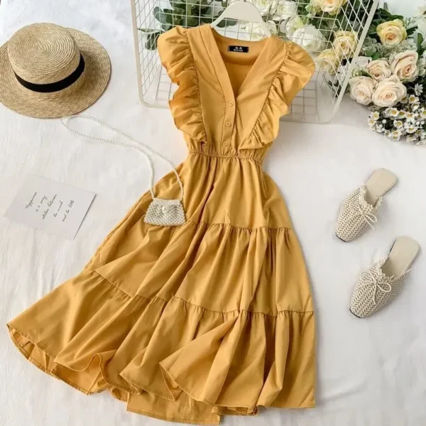 Zoki Elegant Women Midi Dress Fashion Summer Button A Line Sleeveless Ruffles Button High Waist Female Beach Vestidos New 1