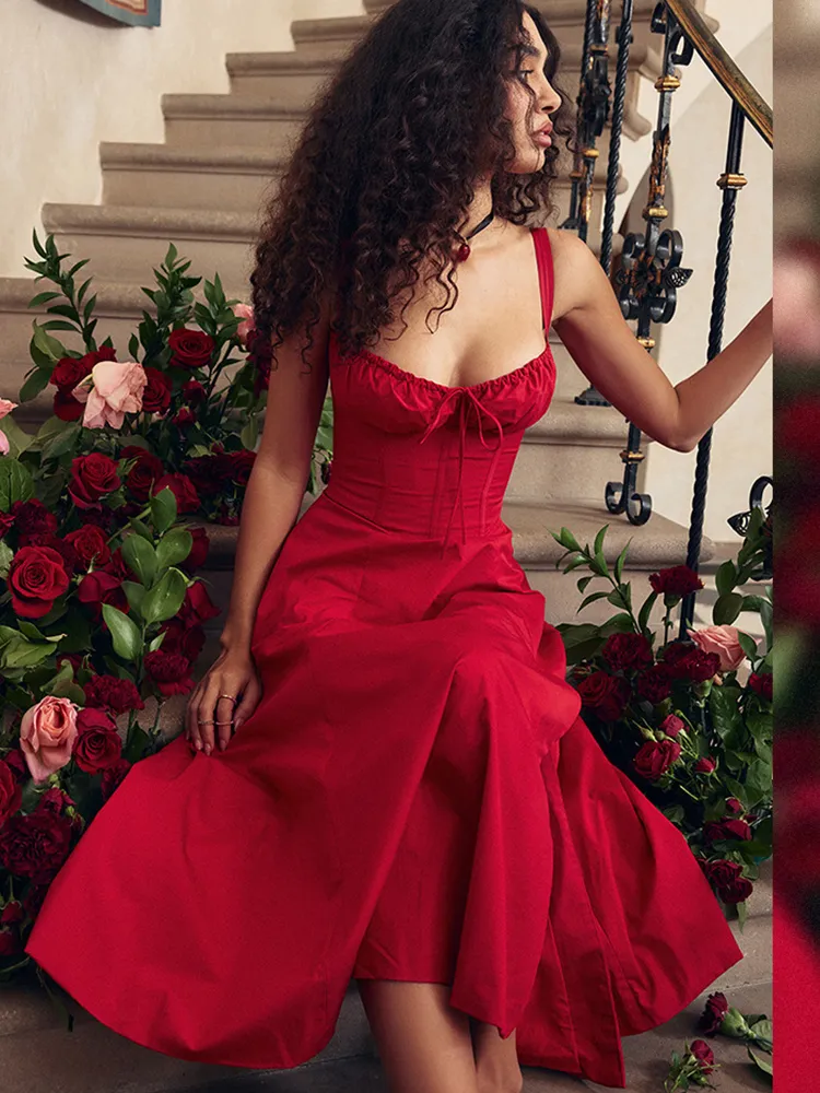 suninheart Elegant  A Line Midi Dress Sexy Spaghetti Strap Lace Up Red Holiday Party Dresses Split Summer Dresses Women 2023 1