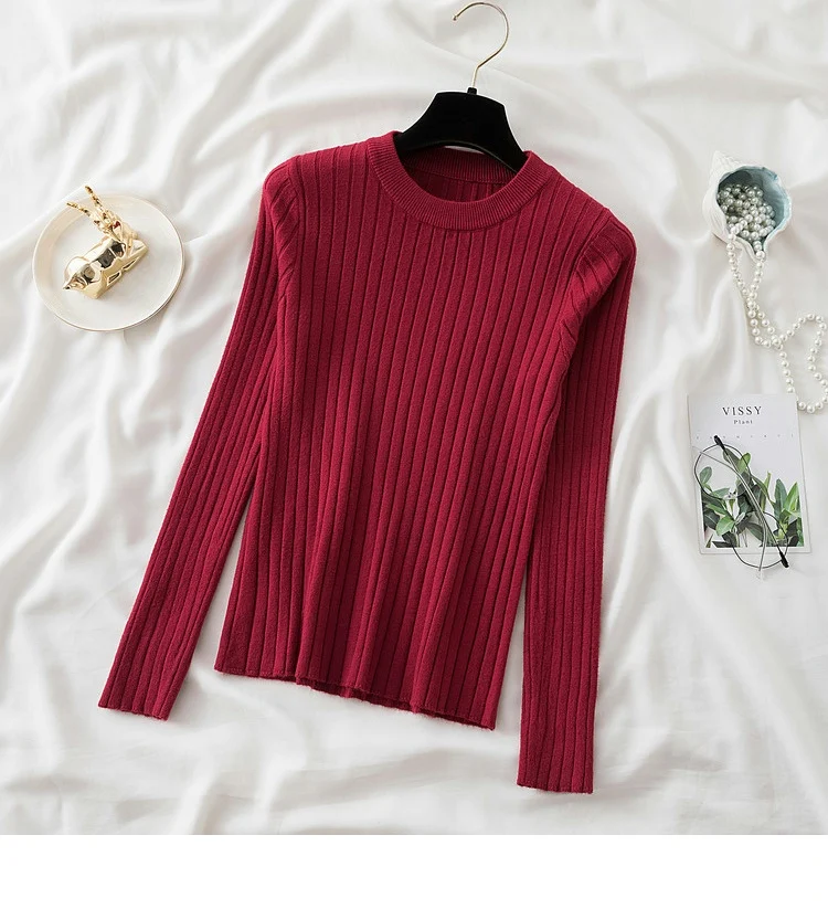 Women’s slim-fit knit sweater in solid color with long sleeves and O-neck, featuring Korean-style design—ideal for autumn and winter casual wear